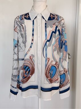 Printed Silk-Feel Button-Up Blouse in White, Blue & Tan